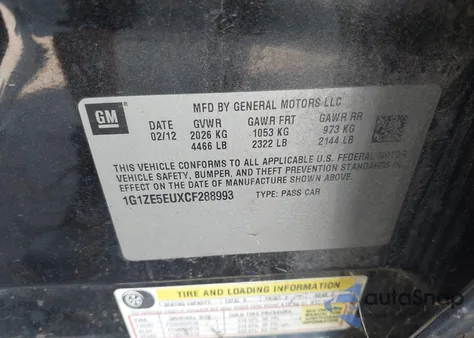 2012 Chevrolet Malibu 1Lz z USA, uszkodzony, nr VIN 1G1ZE5EUXCF288993